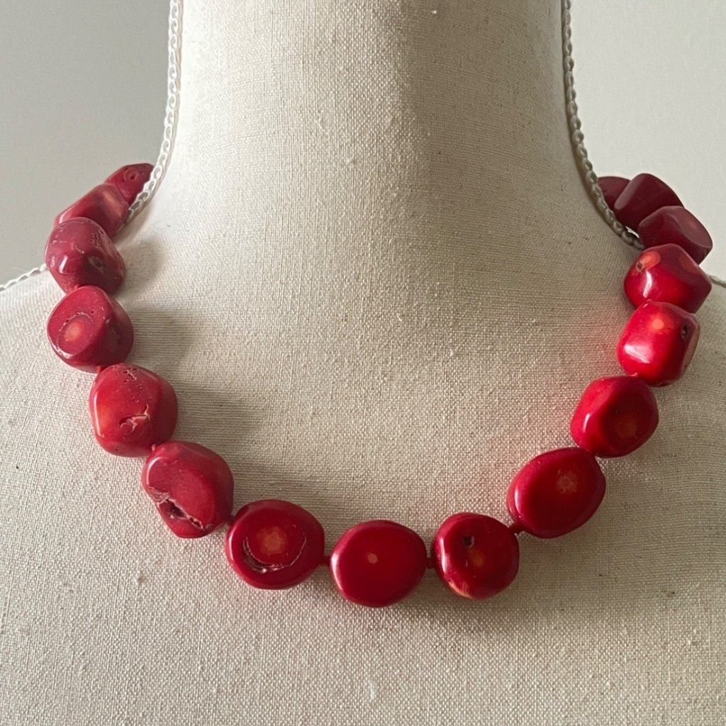 Chunky Lucas Lameth Luc Rustic Red Coral Sterling Silver 925 Bead Necklace